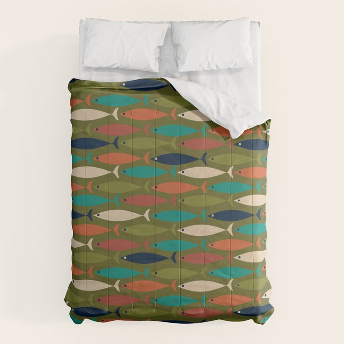 Mid-century Modern Fish in a Green Sea Pattern  Comforter Gallery Image 1