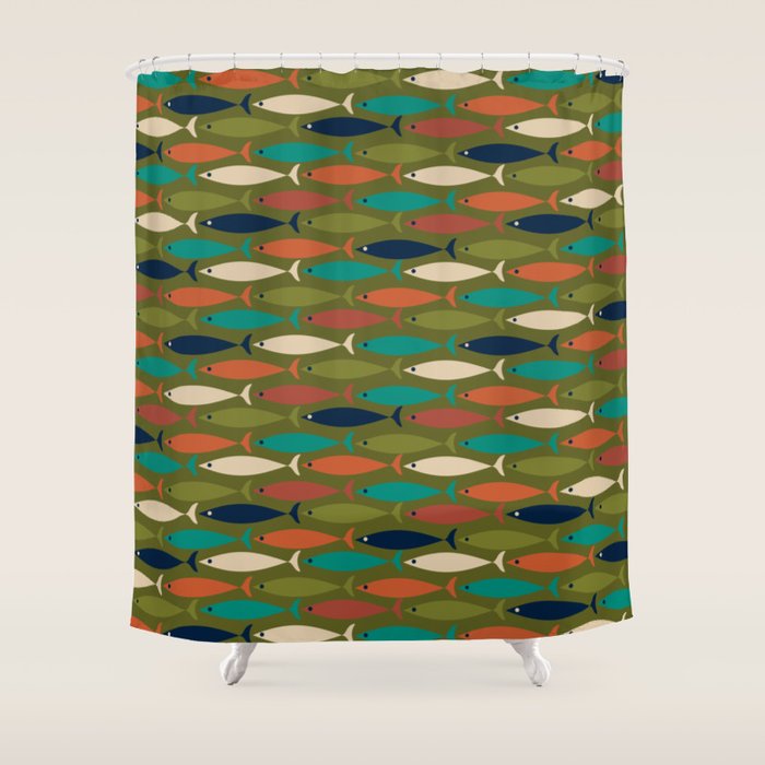 Mid-century Modern Fish in a Green Sea Pattern  Shower Curtain Gallery Image 1