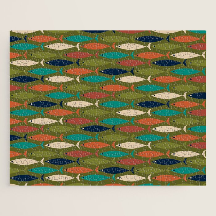 Mid-century Modern Fish in a Green Sea Pattern  Jigsaw Puzzle Gallery Image 1