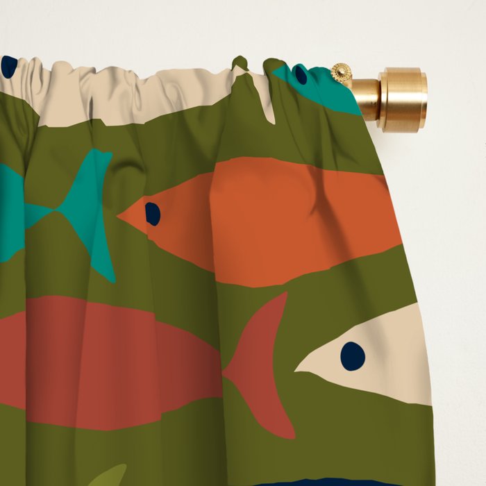 Mid-century Modern Fish in a Green Sea Pattern  Window Curtain Gallery Image 2
