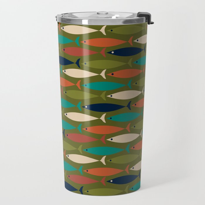 Mid-century Modern Fish in a Green Sea Pattern  Travel Mug Gallery Image 2