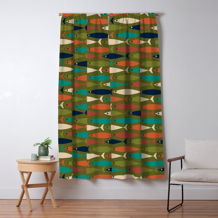 Mid-century Modern Fish in a Green Sea Pattern  Window Curtain Gallery Image 5