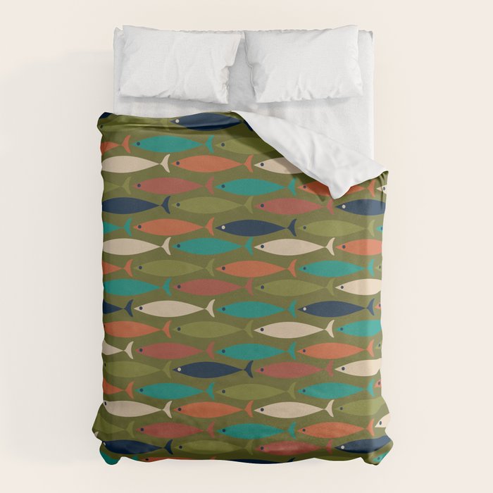 Mid-century Modern Fish in a Green Sea Pattern  Duvet Cover Gallery Image 6