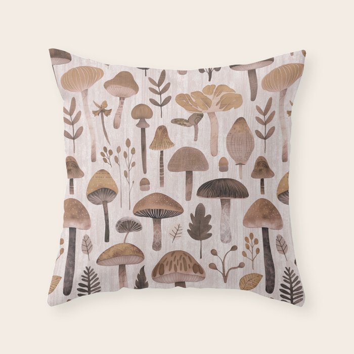 Cottagecore Mushroom Woodland Vintage Whimsy Brown Throw Pillow Gallery Image 6