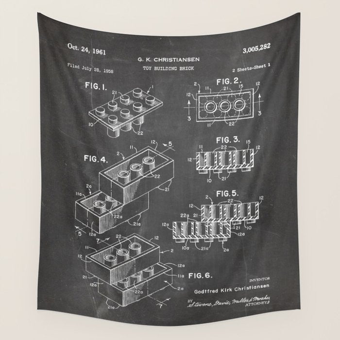 Legos Patent - Legos Brick Art - Black Chalkboard Wall Tapestry Gallery Image 1