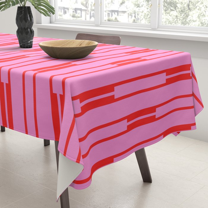 Bright Geo Chain Block Stripe Vertical Pattern Preppy Pink and Red Tablecloth Gallery Image 3