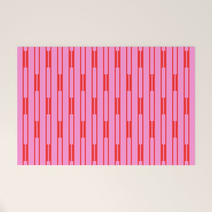 Bright Geo Chain Block Stripe Vertical Pattern Preppy Pink and Red Welcome Mat Gallery Image 1