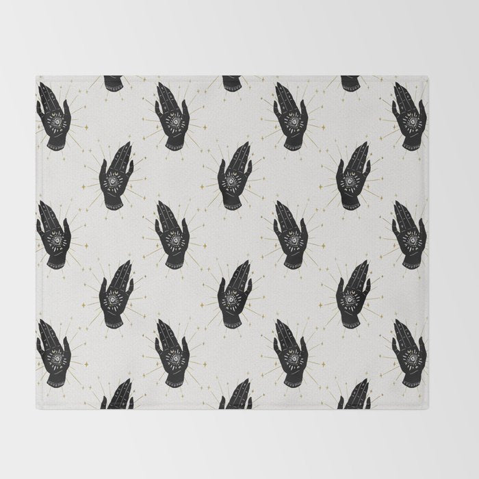 Mystic Hand with Eye - Black and Gold Ink Throw Blanket Gallery Image 2