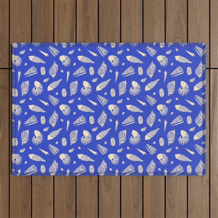 Vintage blue sea shell summer art pattern Outdoor Rug Gallery Image 1