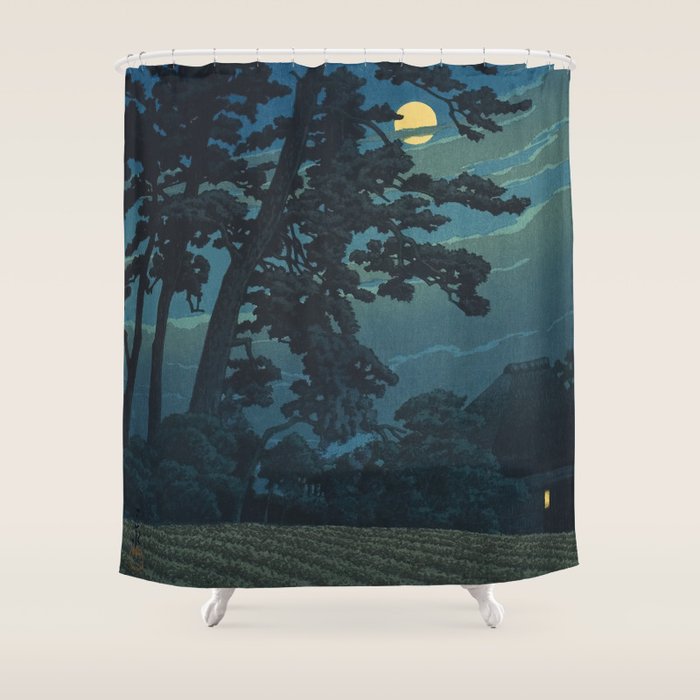 Hasui Kawase, Full Moon Over Magome - Vintage Japanese Woodblock Print Art Shower Curtain Gallery Image 1