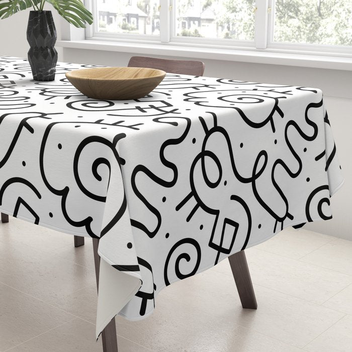 Fun black and white line doodle art pattern Tablecloth Gallery Image 3
