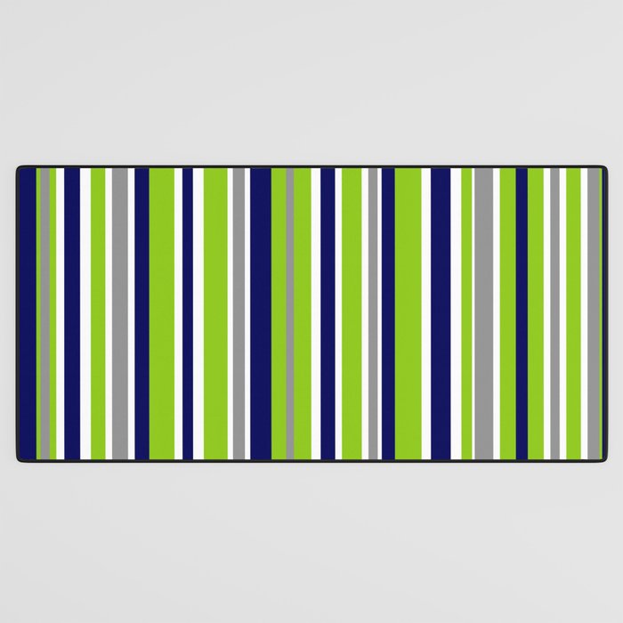 Lime Green Bright Navy Blue Gray and White Vertical Stripes Pattern Desk Mat Gallery Image 3