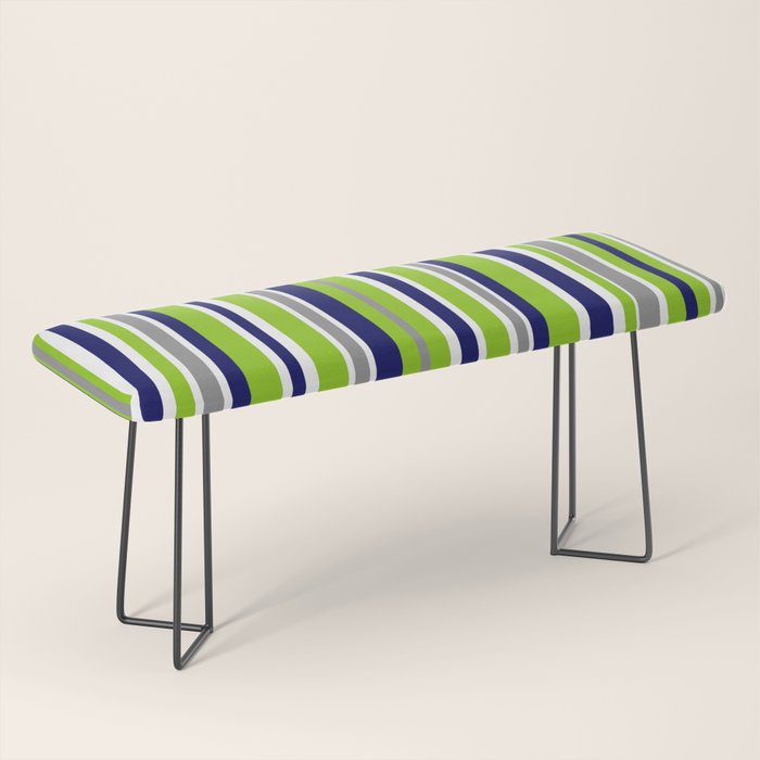 Lime Green Bright Navy Blue Gray and White Vertical Stripes Pattern Bench Gallery Image 1