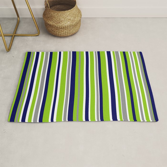 Lime Green Bright Navy Blue Gray and White Vertical Stripes Pattern Rug Gallery Image 1