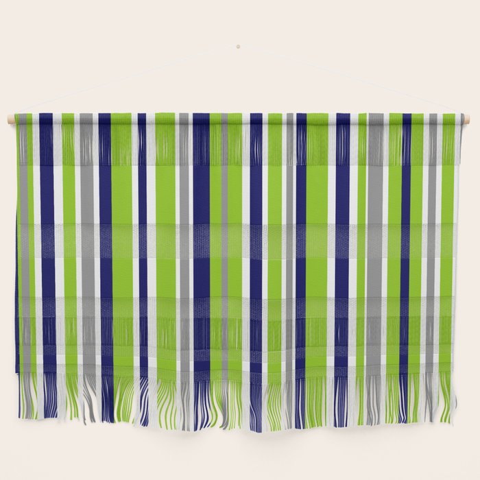 Lime Green Bright Navy Blue Gray and White Vertical Stripes Pattern Wall Hanging Gallery Image 1