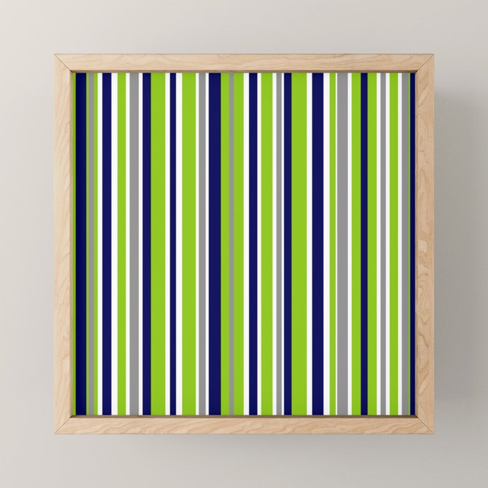 Lime Green Bright Navy Blue Gray and White Vertical Stripes Pattern Mini Art Print Gallery Image 1