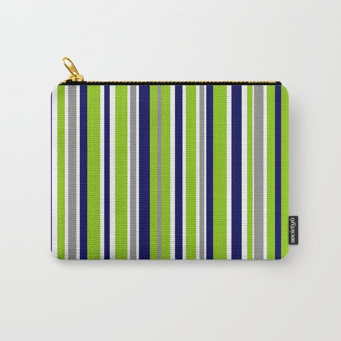 Lime Green Bright Navy Blue Gray and White Vertical Stripes Pattern Carry All Pouch Gallery Image 1
