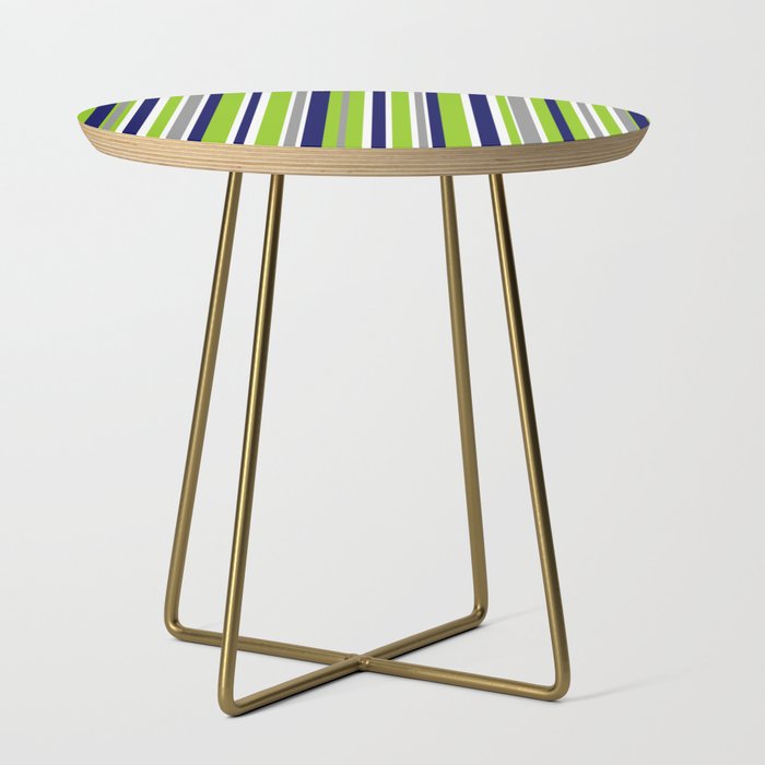 Lime Green Bright Navy Blue Gray and White Vertical Stripes Pattern Side Table Gallery Image 1