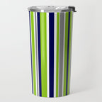 Lime Green Bright Navy Blue Gray and White Vertical Stripes Pattern Travel Mug Gallery Image 2