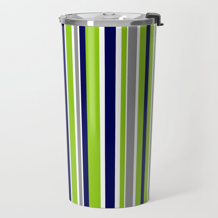 Lime Green Bright Navy Blue Gray and White Vertical Stripes Pattern Travel Mug Gallery Image 2