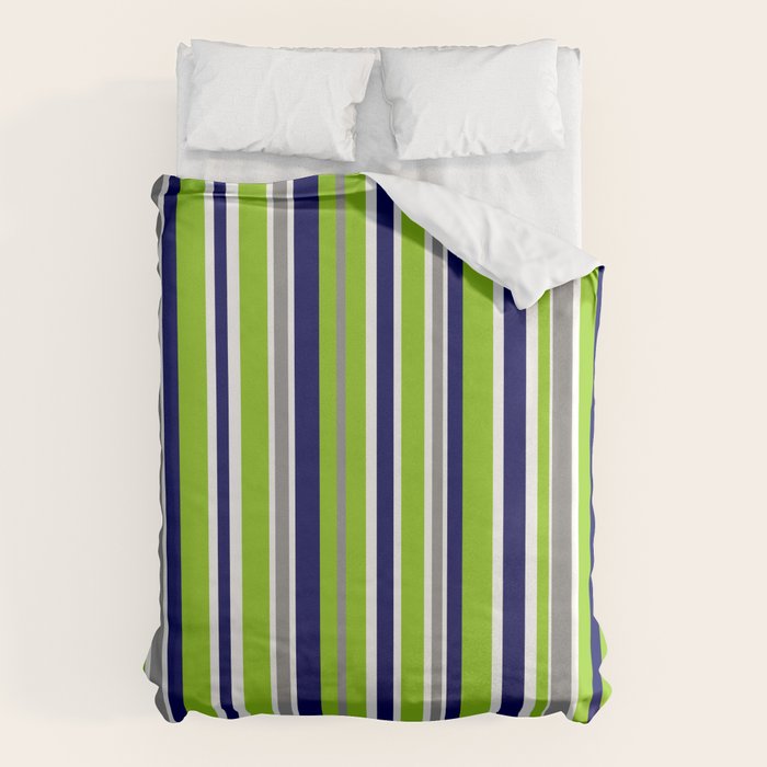 Lime Green Bright Navy Blue Gray and White Vertical Stripes Pattern Duvet Cover Gallery Image 6