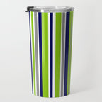 Lime Green Bright Navy Blue Gray and White Vertical Stripes Pattern Travel Mug Gallery Image 3