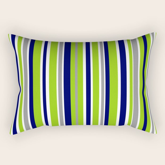 Lime Green Bright Navy Blue Gray and White Vertical Stripes Pattern Rectangular Pillow Gallery Image 1
