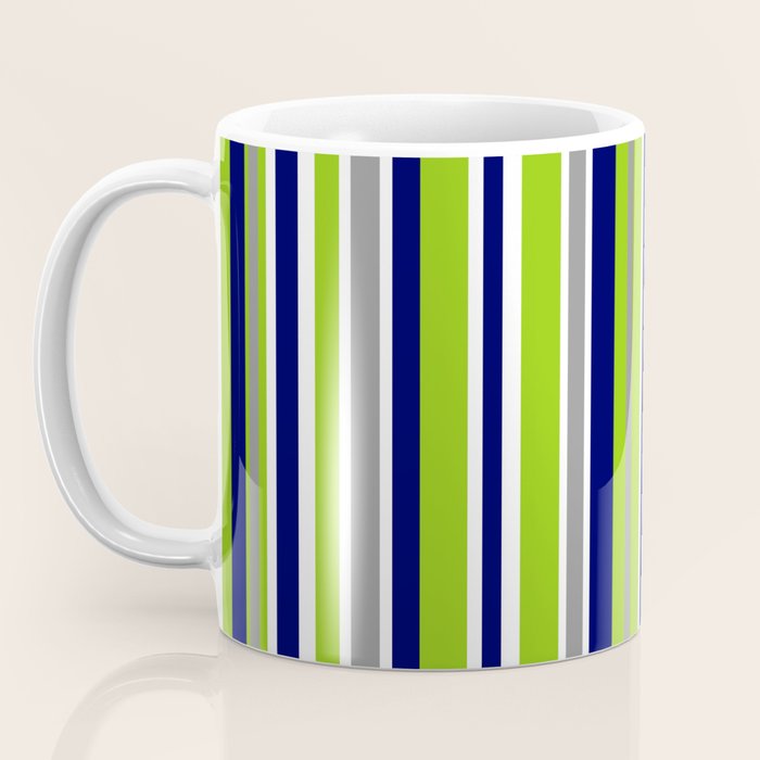 Lime Green Bright Navy Blue Gray and White Vertical Stripes Pattern Coffee Mug Gallery Image 3