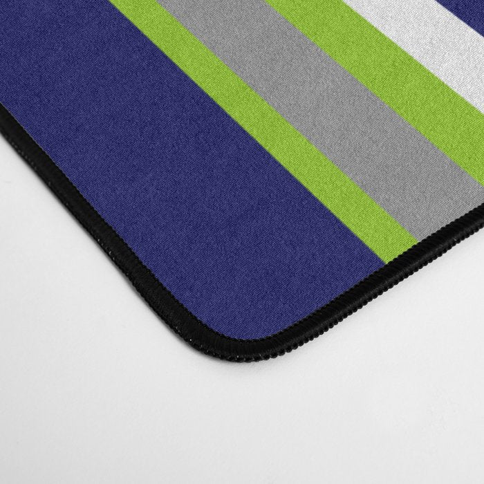 Lime Green Bright Navy Blue Gray and White Vertical Stripes Pattern Desk Mat Gallery Image 4