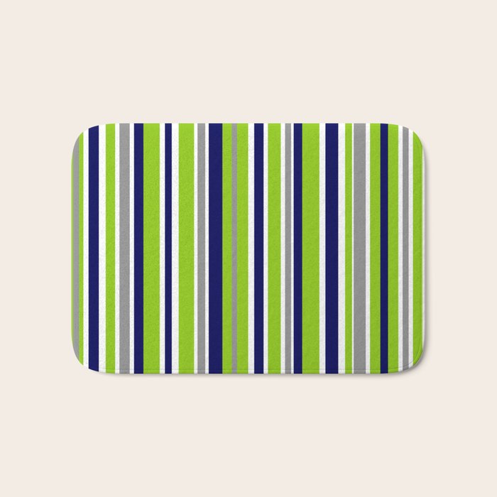 Lime Green Bright Navy Blue Gray and White Vertical Stripes Pattern Bath Mat Gallery Image 1