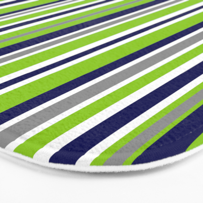 Lime Green Bright Navy Blue Gray and White Vertical Stripes Pattern Bath Mat Gallery Image 3