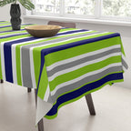 Lime Green Bright Navy Blue Gray and White Vertical Stripes Pattern Tablecloth Gallery Image 3