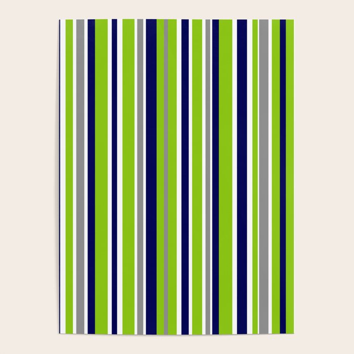 Lime Green Bright Navy Blue Gray and White Vertical Stripes Pattern Poster Gallery Image 4