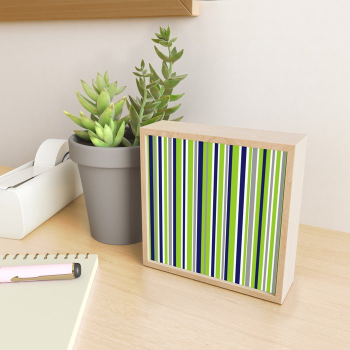Lime Green Bright Navy Blue Gray and White Vertical Stripes Pattern Mini Art Print Gallery Image 2