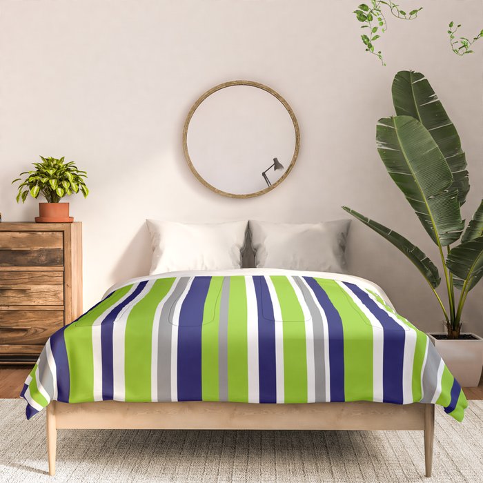 Lime Green Bright Navy Blue Gray and White Vertical Stripes Pattern Comforter Gallery Image 3
