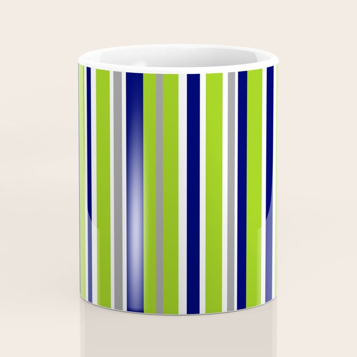 Lime Green Bright Navy Blue Gray and White Vertical Stripes Pattern Coffee Mug Gallery Image 4