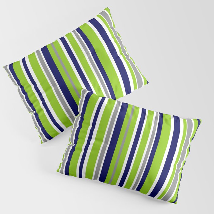Lime Green Bright Navy Blue Gray and White Vertical Stripes Pattern Pillow Sham Gallery Image 1