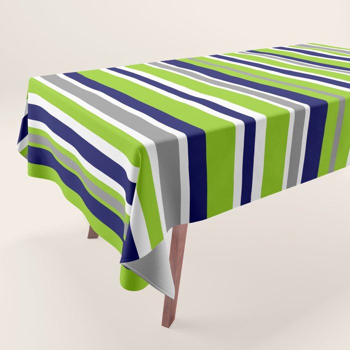 Lime Green Bright Navy Blue Gray and White Vertical Stripes Pattern Tablecloth Gallery Image 1