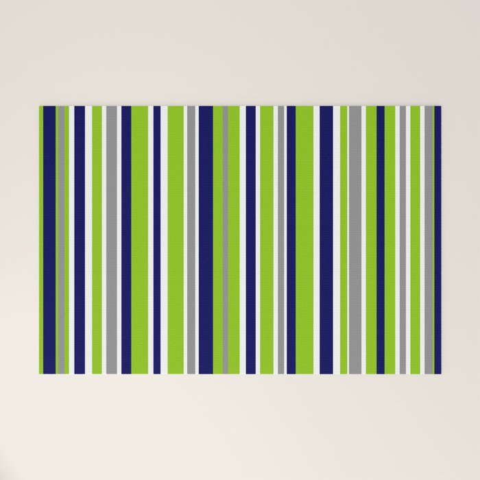 Lime Green Bright Navy Blue Gray and White Vertical Stripes Pattern Welcome Mat Gallery Image 1