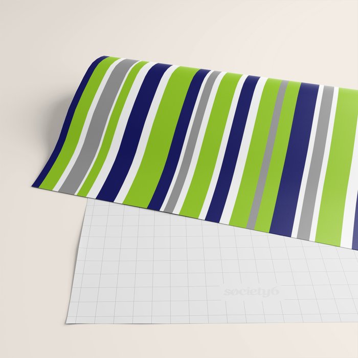 Lime Green Bright Navy Blue Gray and White Vertical Stripes Pattern Wrapping Paper Gallery Image 2