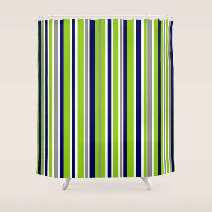 Lime Green Bright Navy Blue Gray and White Vertical Stripes Pattern Shower Curtain Gallery Image 1
