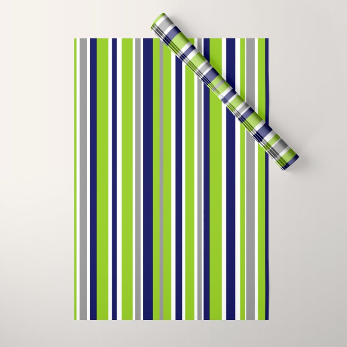 Lime Green Bright Navy Blue Gray and White Vertical Stripes Pattern Wrapping Paper Gallery Image 1