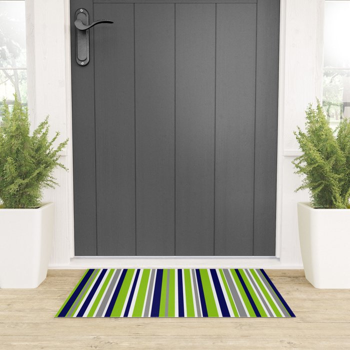Lime Green Bright Navy Blue Gray and White Vertical Stripes Pattern Welcome Mat Gallery Image 3