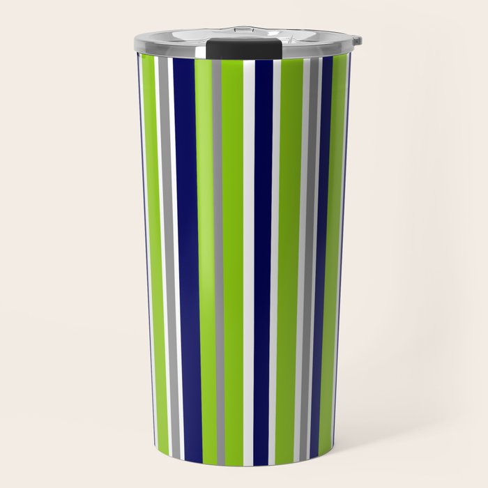 Lime Green Bright Navy Blue Gray and White Vertical Stripes Pattern Travel Mug Gallery Image 1