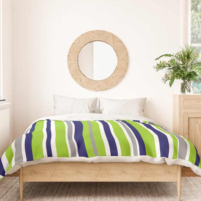 Lime Green Bright Navy Blue Gray and White Vertical Stripes Pattern Duvet Cover Gallery Image 3