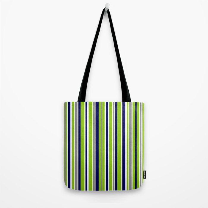 Lime Green Bright Navy Blue Gray and White Vertical Stripes Pattern Tote Bag Gallery Image 2