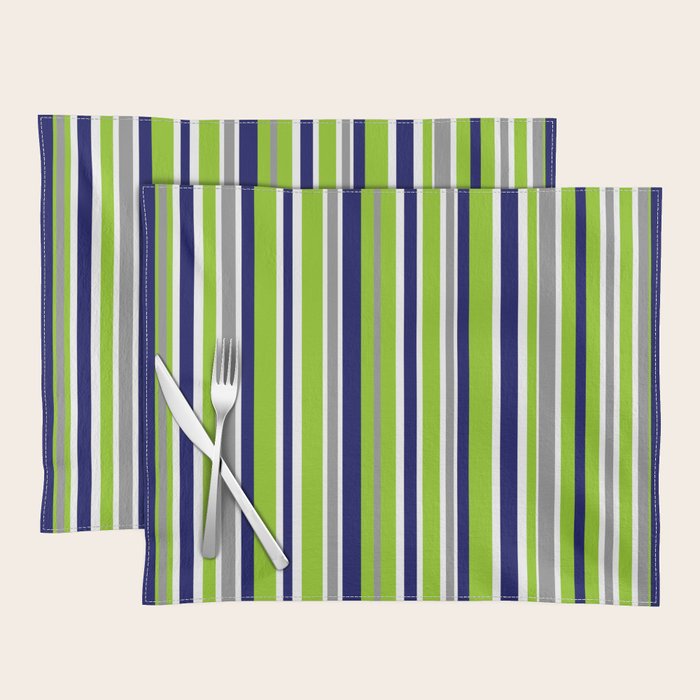 Lime Green Bright Navy Blue Gray and White Vertical Stripes Pattern Placemat Gallery Image 1