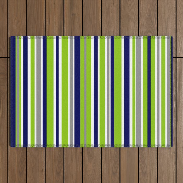 Lime Green Bright Navy Blue Gray and White Vertical Stripes Pattern Outdoor Rug Gallery Image 1