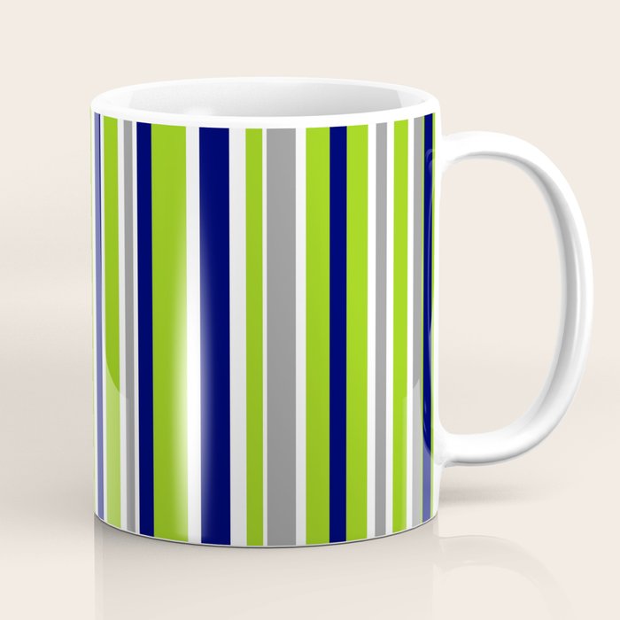 Lime Green Bright Navy Blue Gray and White Vertical Stripes Pattern Coffee Mug Gallery Image 1