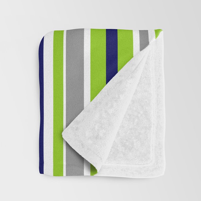 Lime Green Bright Navy Blue Gray and White Vertical Stripes Pattern Throw Blanket Gallery Image 3